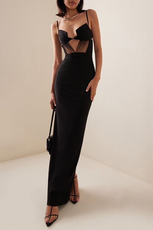 Black Sleeveless Mesh Panel Bodycon Maxi Dress