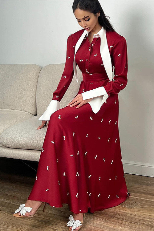 Satin Ruffled V Neck Cinched Waist Elegant Floral Dress