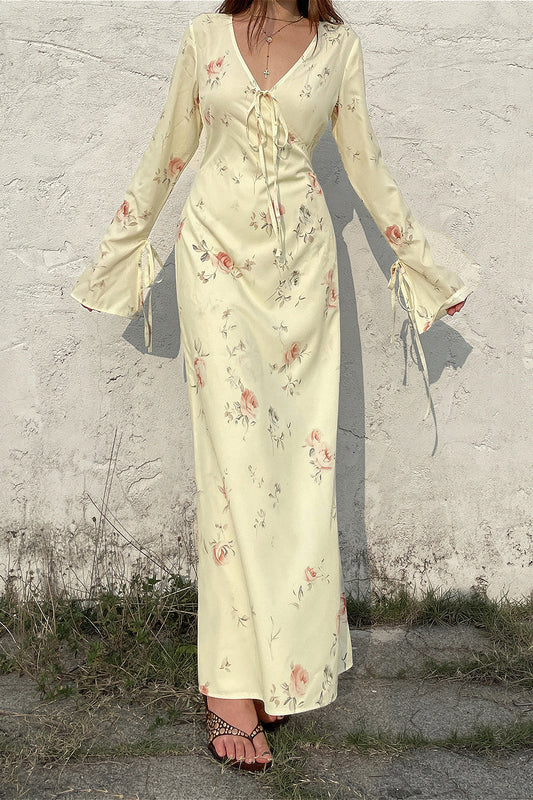 Sweet V Neck Flare Sleeve Wrap Tie Slim Maxi Floral Dress