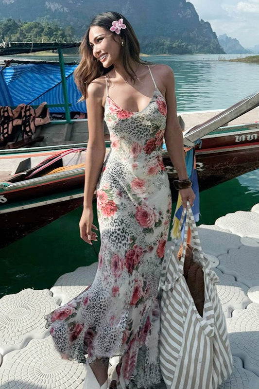 Leopard Floral Backless Maxi Dress
