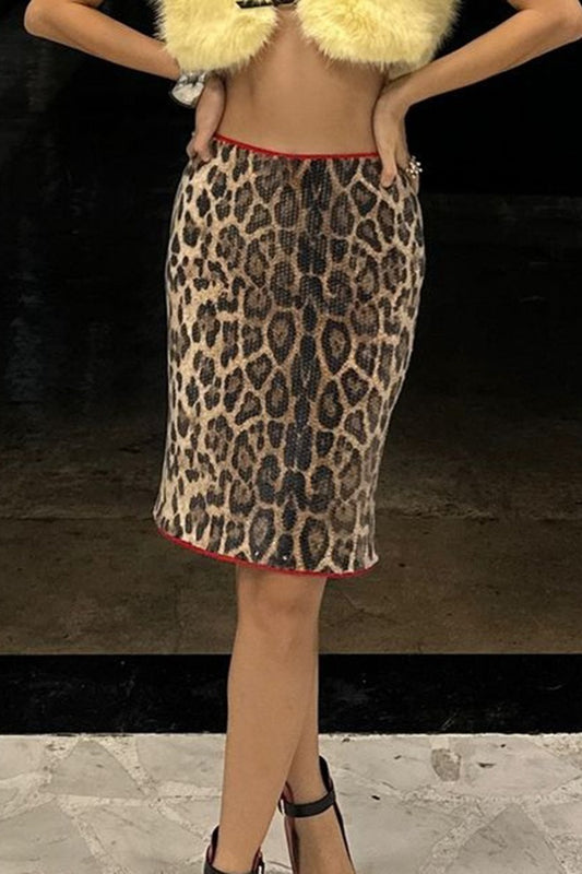 Stretchy Short Leopard Print Sequin Statement Skirt