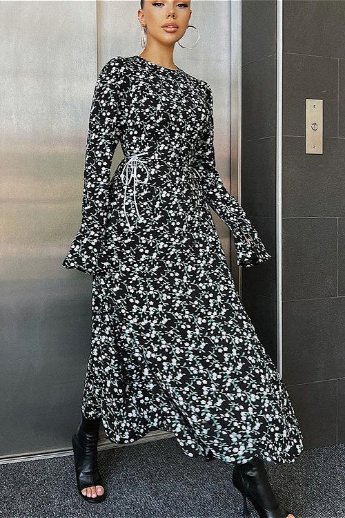 Flared Sleeve Round Neck Ruched Waist Floral Dress