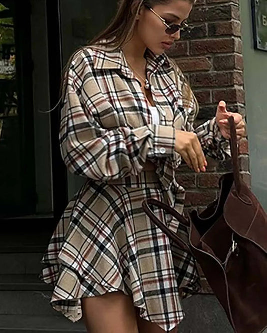 Blue Print Pleated Mini Skirt Office Two Piece Set