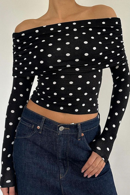 Polka Dot Color Block Off-Shoulder Crop Top