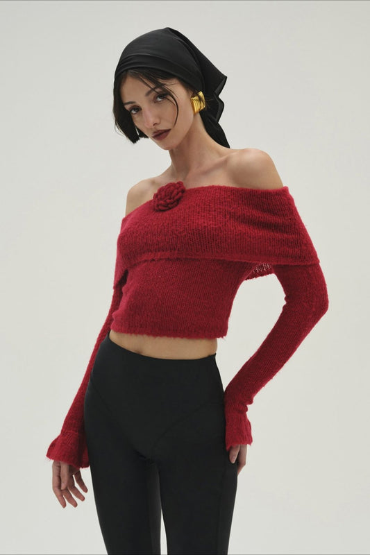 3D Floral Off-Shoulder Fitted Knitted Long Sleeve Tee