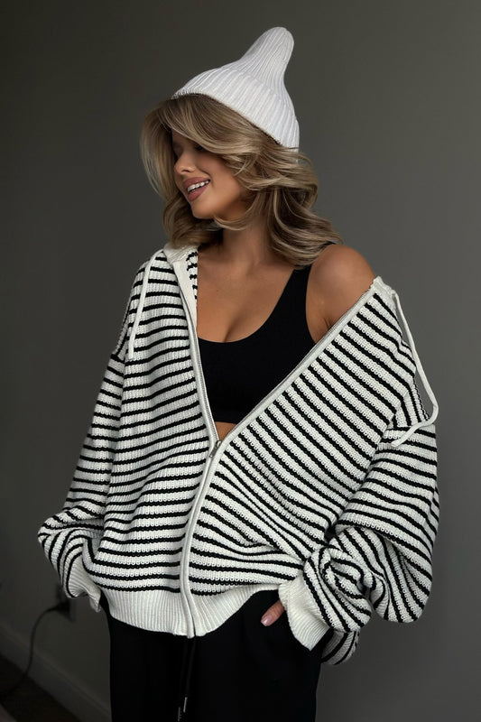 Retro Color Block Loose Zip Knit Cardigan