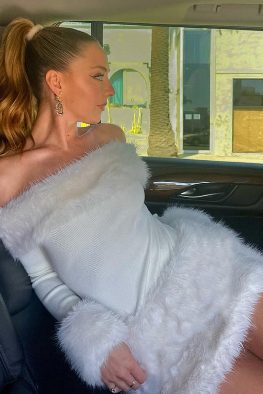 Plush Trimmed Off Shoulder Slim Knit Formal Sweater Dress