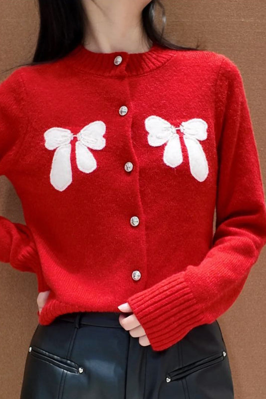 Bow Accent Red Knit Cardigan