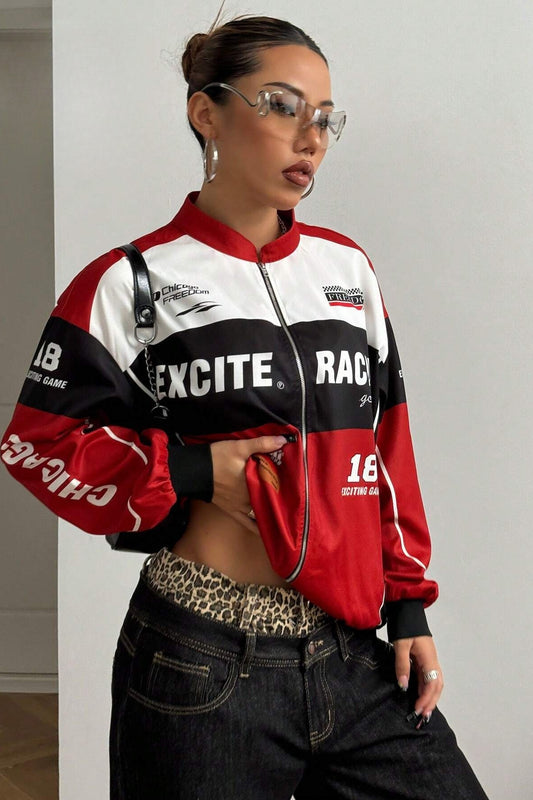 Letter Design Zip Color Block Biker Chic Long Sleeve Jacket