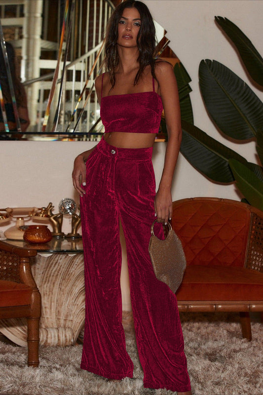 Suede Relaxed Button Straight Wide Leg Pants