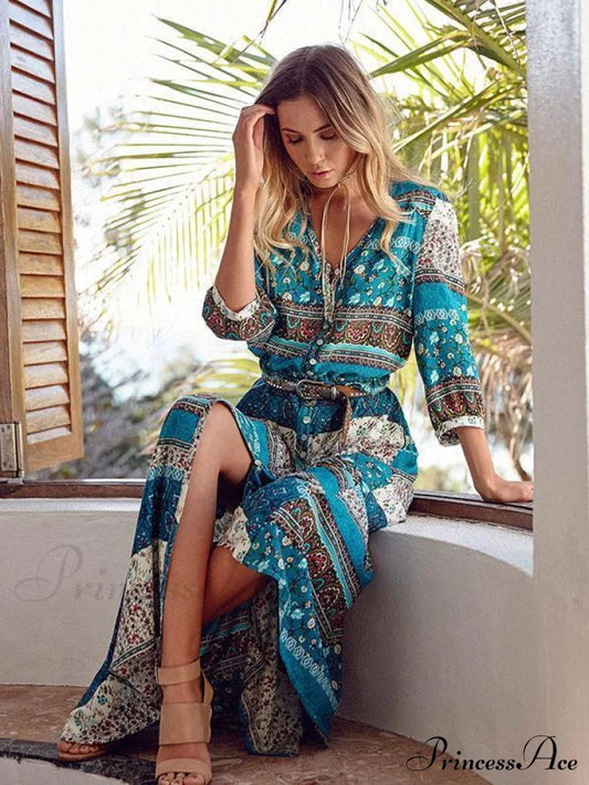 3/4 With V And Full-Length Bohemia Gown Flowered Sleeves Chiffon Neck M / Coffee