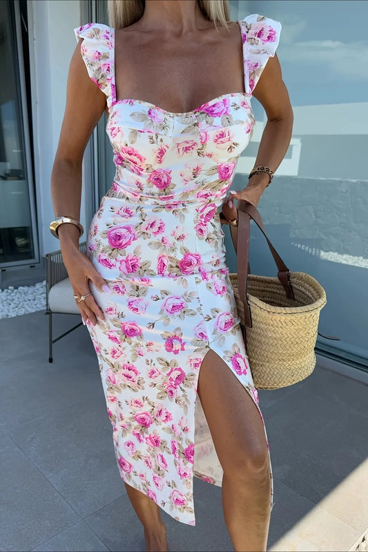 Spaghetti Strap Slit Midi Floral Dress