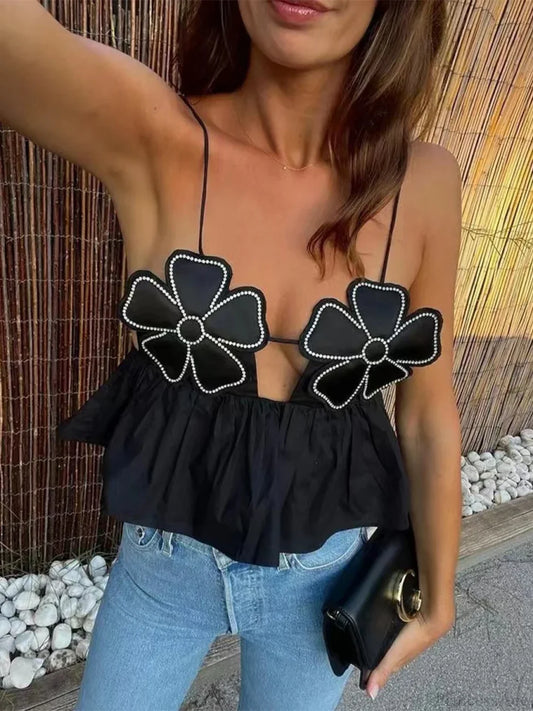 3D Flower Spaghetti Strap Backless Crop Top Black / S croptop-250126