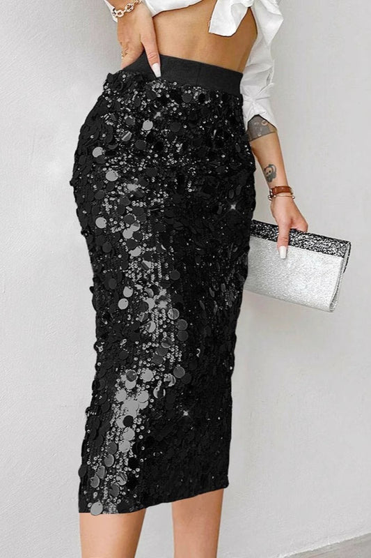 Solid Sequin High Waist Midi Skirt