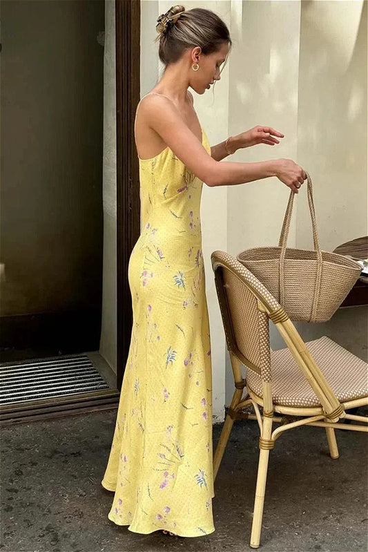 Casual Yellow Print Spaghetti Strap Floral Dress
