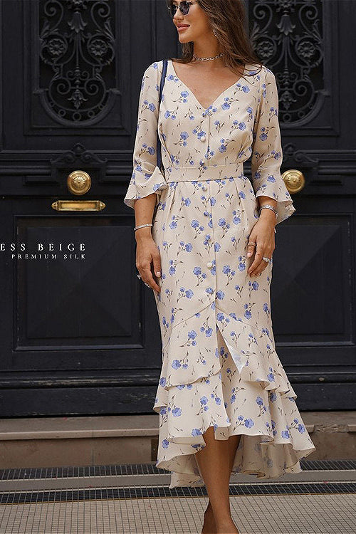 Asymmetric Ruffled Sleeve High Waist Floral Dress