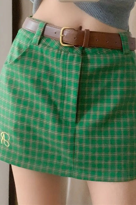 Letter Embroidery Plaid Low Waist Skirt
