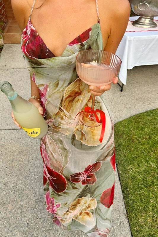 Sheer Floral Print Slit Vacation Maxi Dress