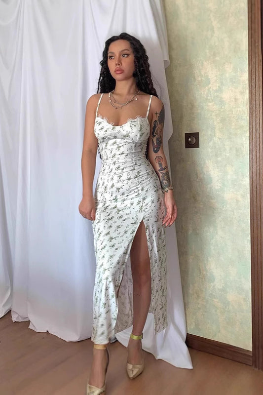 Slim Lace V Neck Split Spaghetti Strap Floral Dress