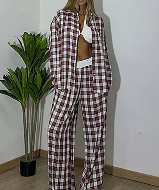 Red Print Button Shirt Trousers Office Two Piece Set