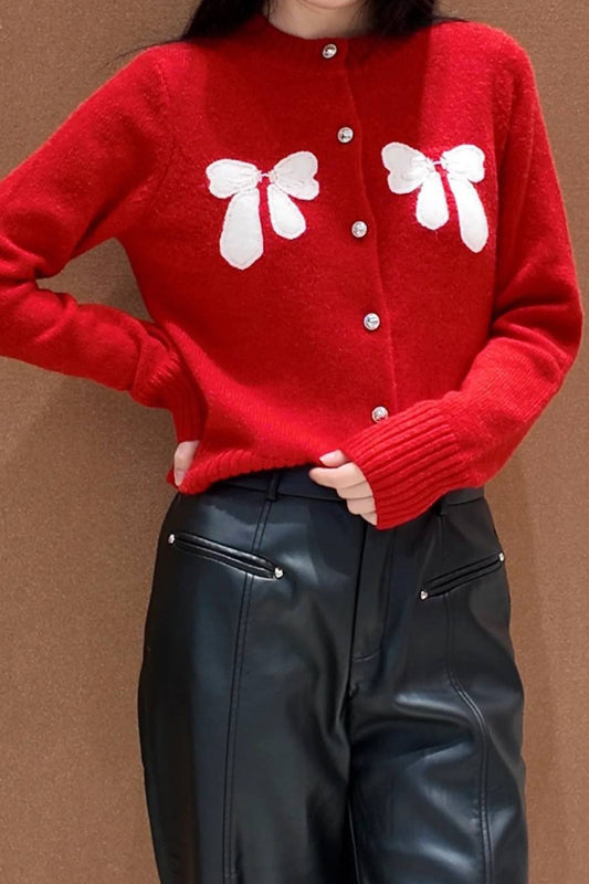 Bow Accent Red Knit Cardigan
