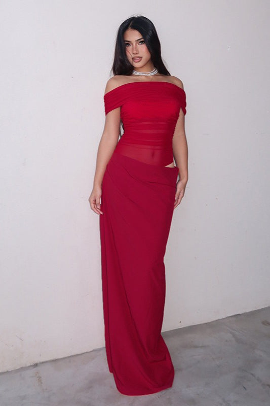 Off-the-Shoulder Ruched Tulle Paneled Cutout Maxi Dress