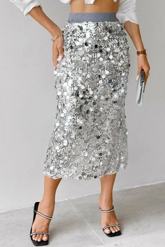 Solid Sequin High Waist Midi Skirt