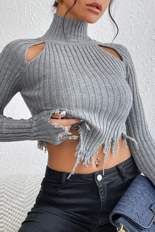 Distressed Cropped Turtleneck Knit Top