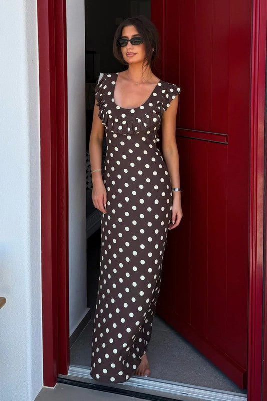 Polka Dot U-Neck Ruffled Bodycon Maxi Dress