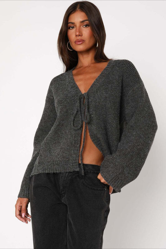 V Neck Tie Front Knit Cardigan Sweater Grey / S