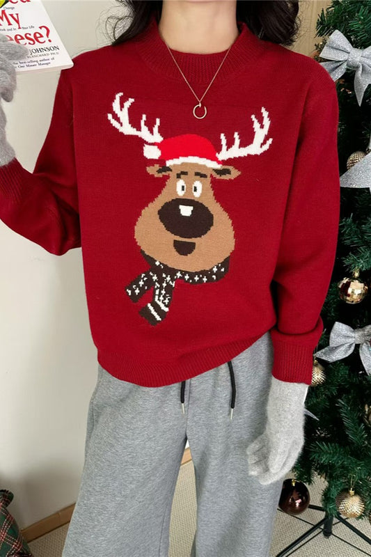 Crew Neck Color Block Deer Sweater