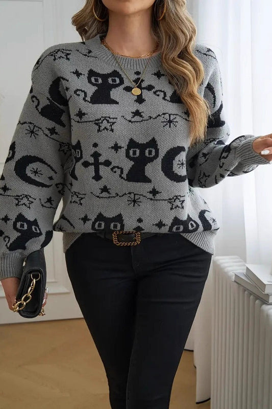 Black Cat Moon Jacquard Knit Sweater Grey / L