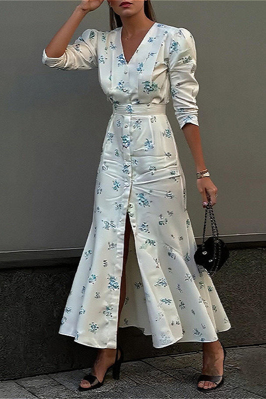 V Neck Ruched Waist Slim Fit Chic Floral Dress