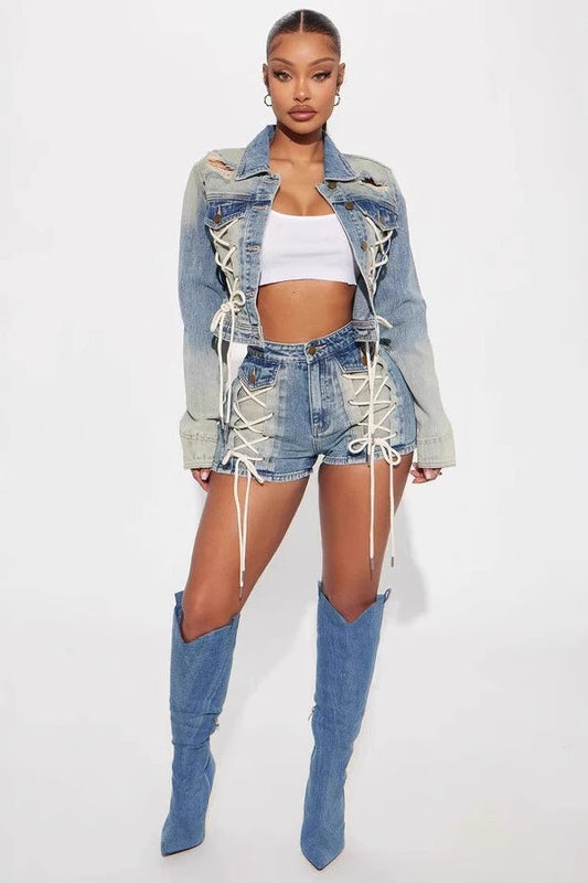 Trendy Jacket Two Piece Shorts Set