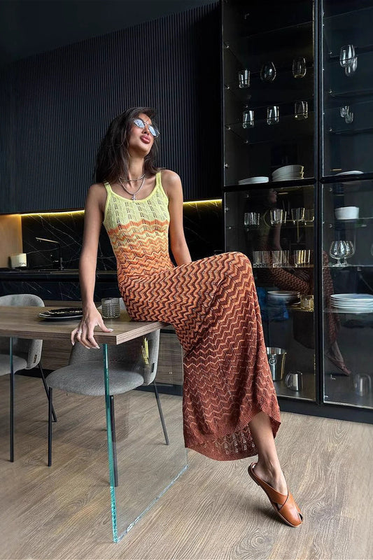 Color Block V Neck Cami Fitted Knit Maxi Dress