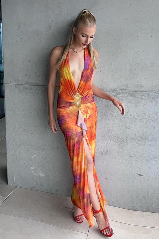 Gradient Mesh Ruffle Neckline Halter Maxi Dress
