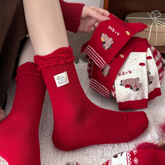 Red Retro Slouchy Crew Socks