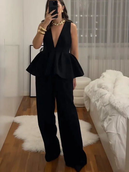 Ruffled Hem Deep V-neck Harem Office Two Piece Set