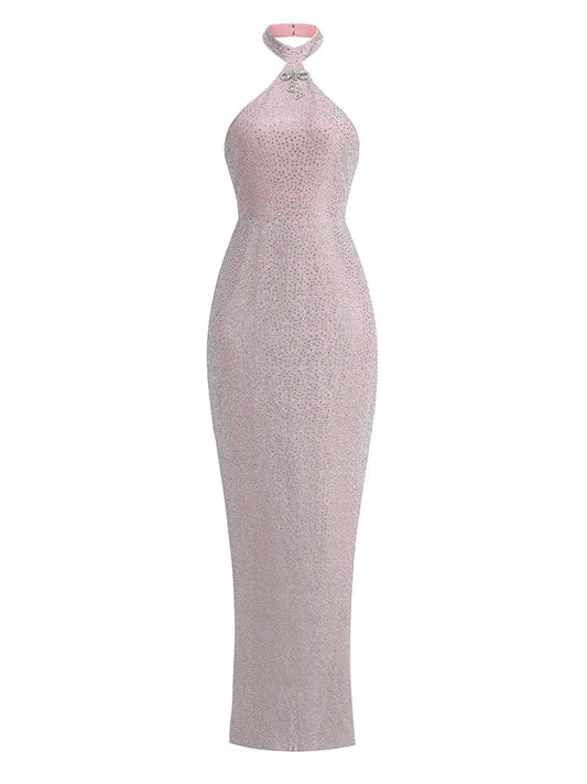 Sexy Halter Neck Shiny Diamonds Bow Maxi Dress Backless Christmas Party Pink / Xs Dresses-L