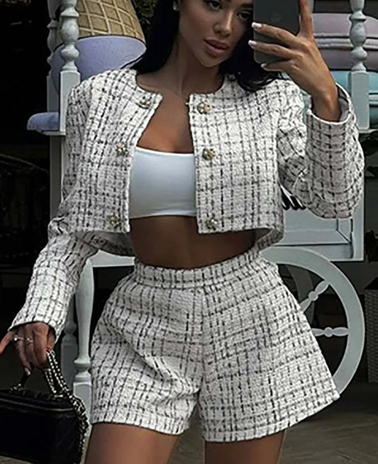 White Print O-Neck Crop Shirt Office Two Piece Set