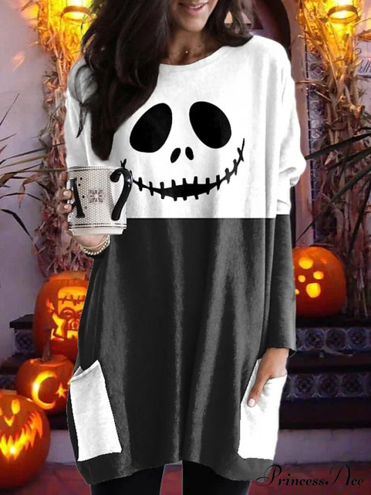 Abstract Women’s Design Black Painting Shirts Round Neck Block White Halloween Long Tunic Plaid