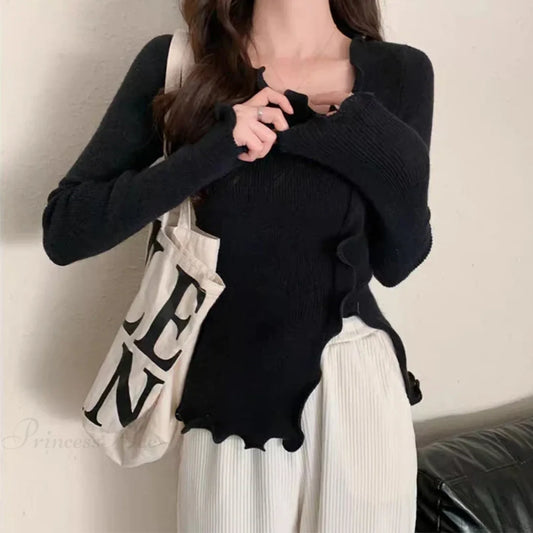 Aesthetic Irregular Ruffles Knit Crop Solid Long Sleeve Knit Top Black / One Size knittop-250126