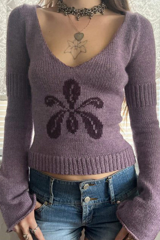 V Neck Floral Jacquard Sweater