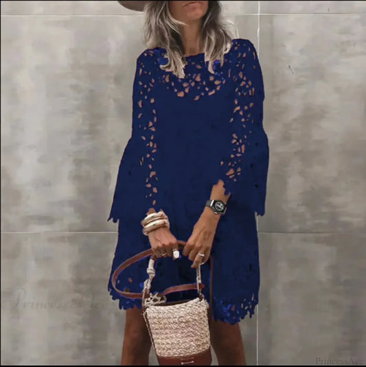 Autumn Solid Color Lace Hollow Floral Casual Floral Dress Navy blue / S oldfloraldress-250126