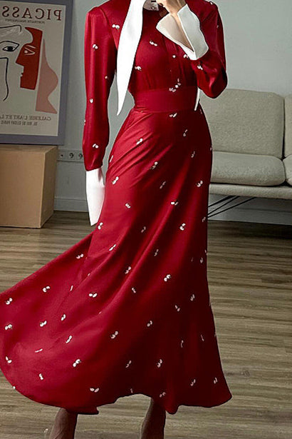 Satin Ruffled V Neck Cinched Waist Elegant Floral Dress