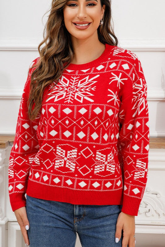 Chic Color Block Snowflake Print Sweater