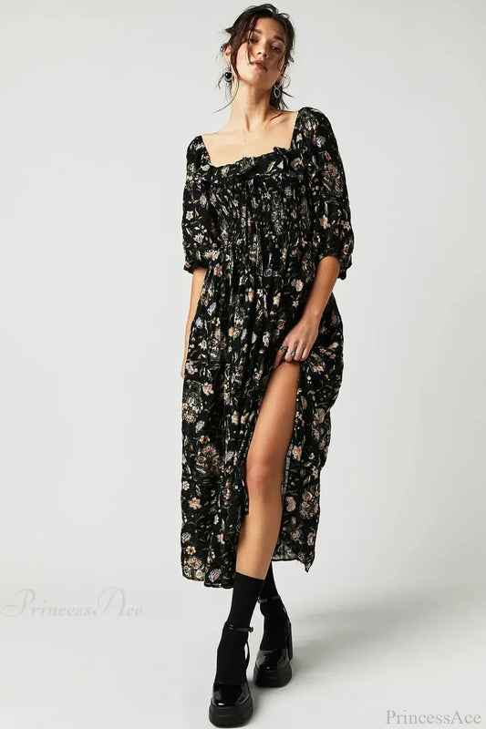 Backless Ruffled Hem Printing Midi Boho Dress Black / S bohodress-250126