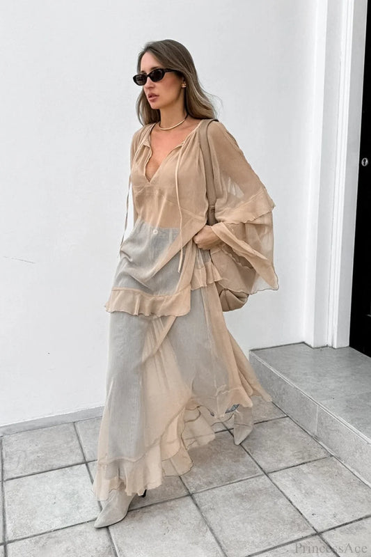 Batwing Sleeve Sun Protection Maxi Dress Khaki / S