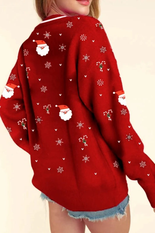 Santa Snowflake Print V Neck Cardigan