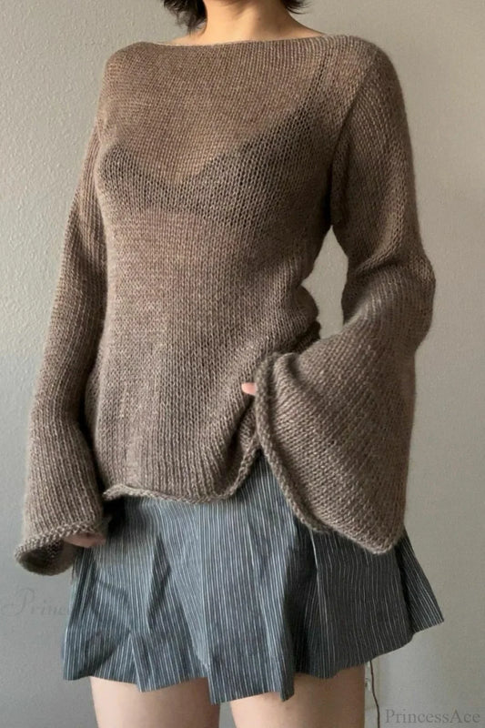 Bell Sleeve Tie Back Knit Sweater Brown / S